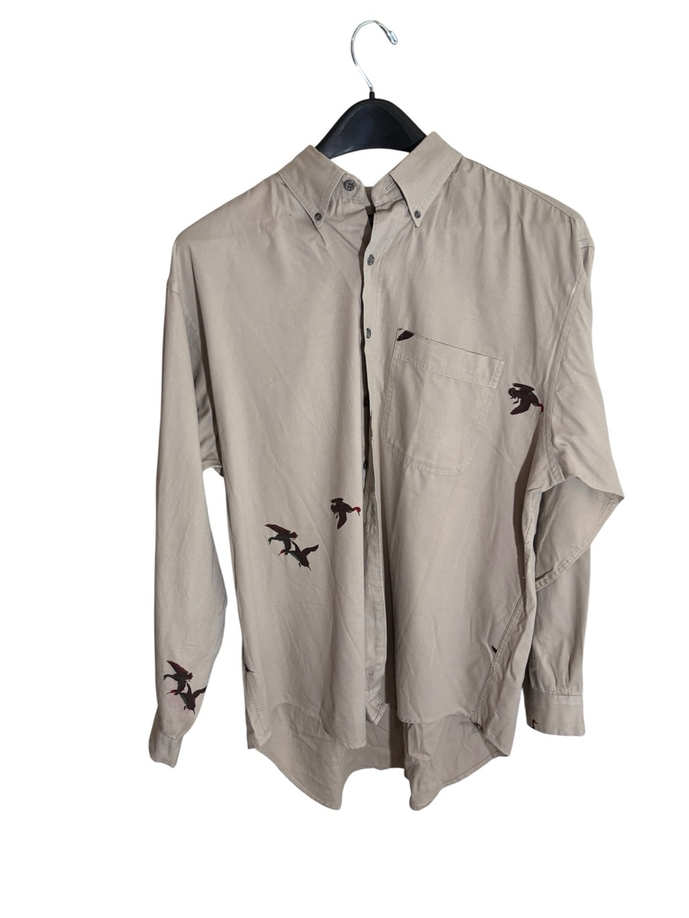 Colours by Alexander Julian Beige Button Down Shirt Brown Duck Bird Motif L Vtg